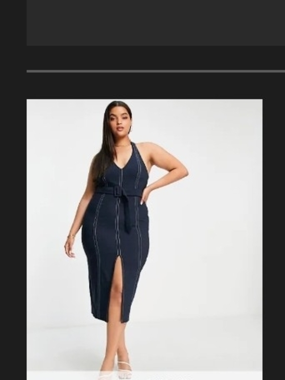 ASOS Curve Navy Midi Dress with Contrast Stitching and Tie Belt